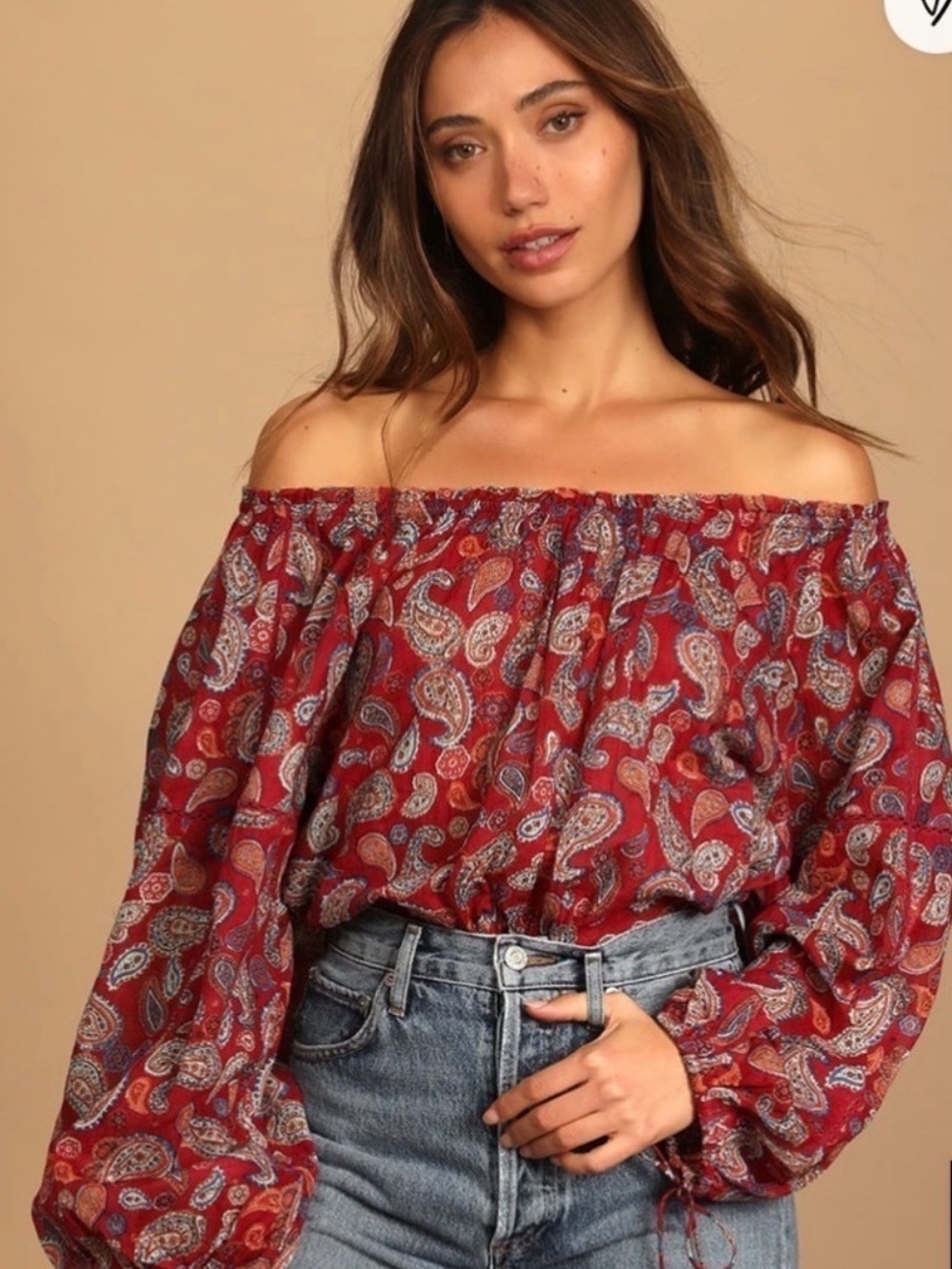 Free People Dark Red Paisley Peasant Off the Shoulder Bodysuit